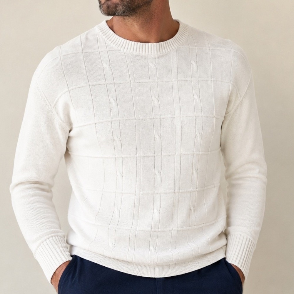 Oscar de la Renta Mens Cream Cotton Grid Cable Sweater, XL Old Money Vintage lux